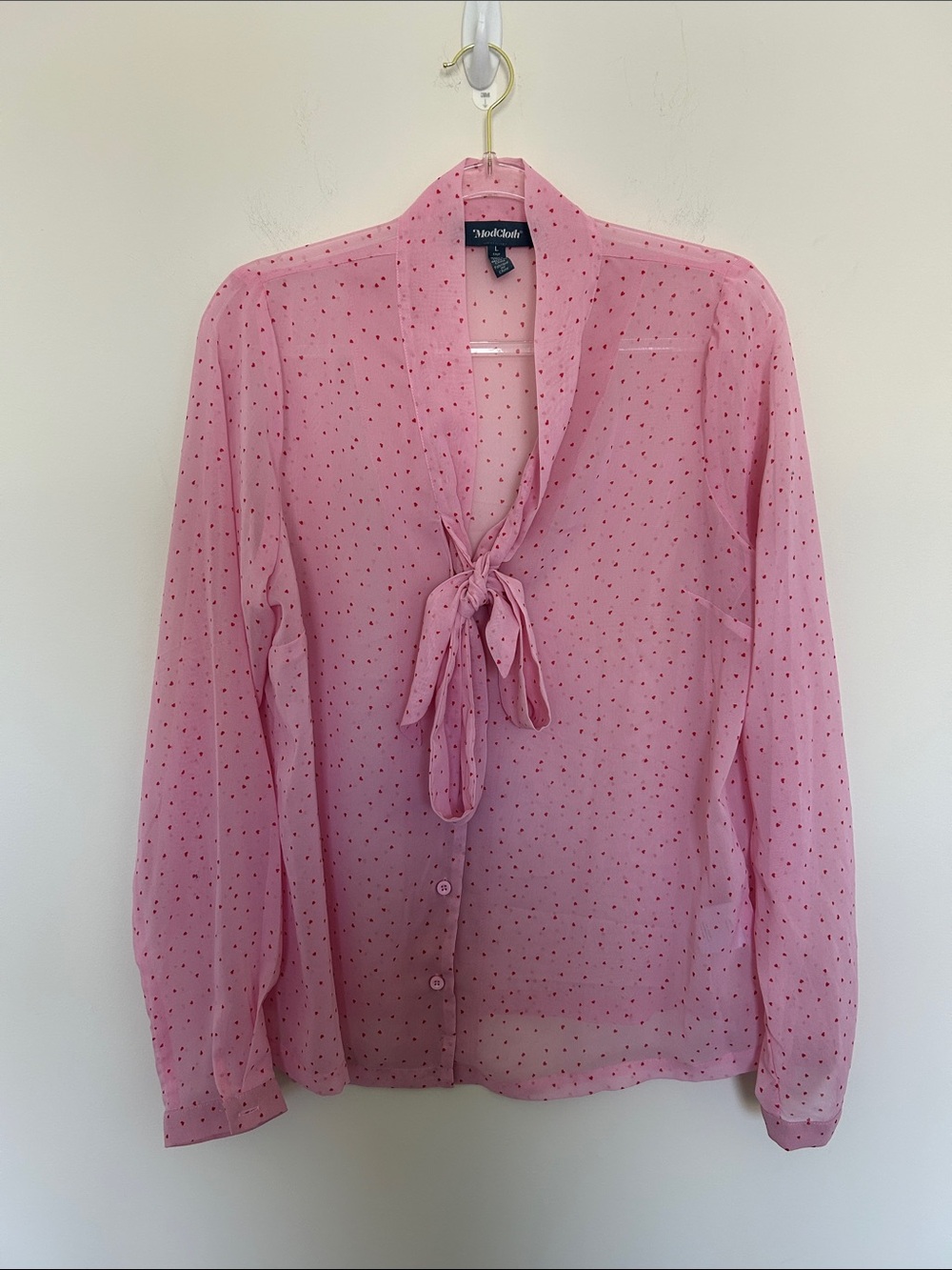 ModCloth Belle of the Bow Blouse Pixie Pink Heart Print‎ Size Large